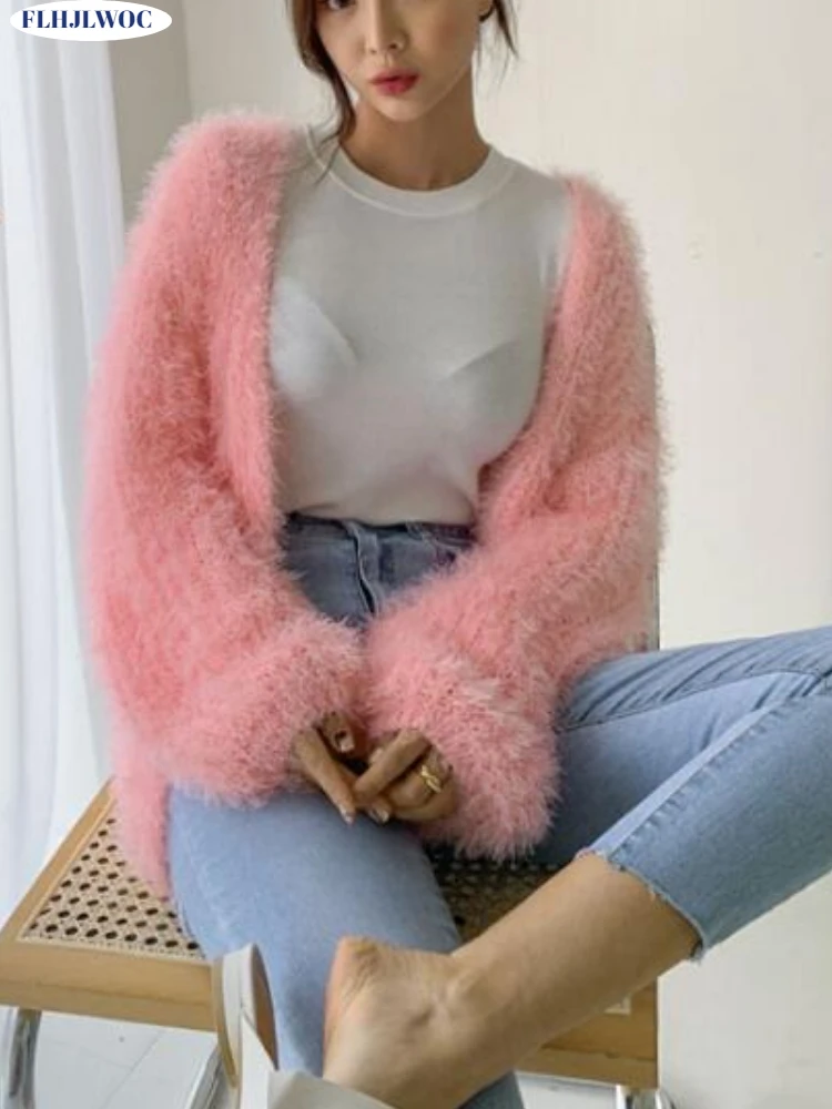 Chic Korean Cute Clothes Autumn Winter Women Long Sleeve Casual Loose Lazy Girls Purple Pink Knitted Sweater Cardigans