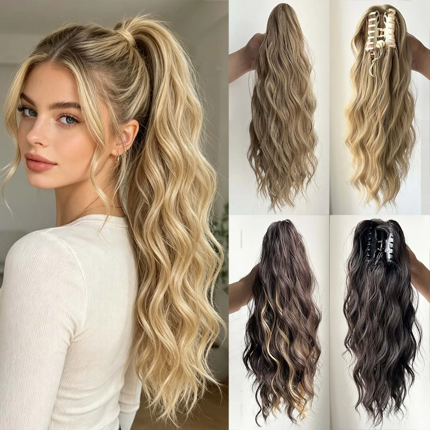Blonde Claw Clip Ponytail 16Inch Natural Wavy Pony Tail Clip In Hair Extensions Thick Ponytail Hairpiece for Women Daily Use