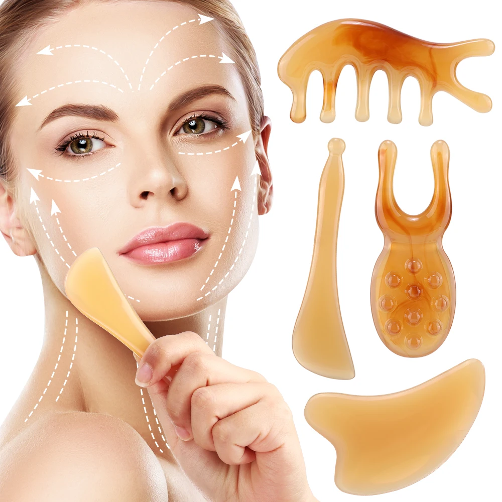 4Pcs/Set Resin Face Lifting Guasha Scraping Massage Facial Tools Massage Plate Reduce Puffiness Nose Lifting Nose Massager