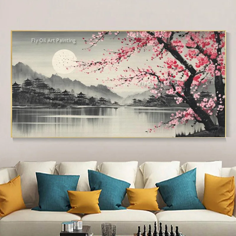 Beautiful Landscape Handpainted Pink Flowers Tree Black Gray Ink Lake And Waterfall Thick Canvas Oil Painting For Home Decor