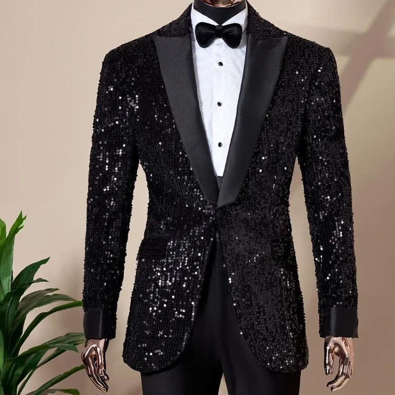 Shining Sequins Men Suits Tuxedo Slim Fit 2024 Notched Lapel Blazer with Pants 2 Piece Tailored Groom Wedding Party Jacket