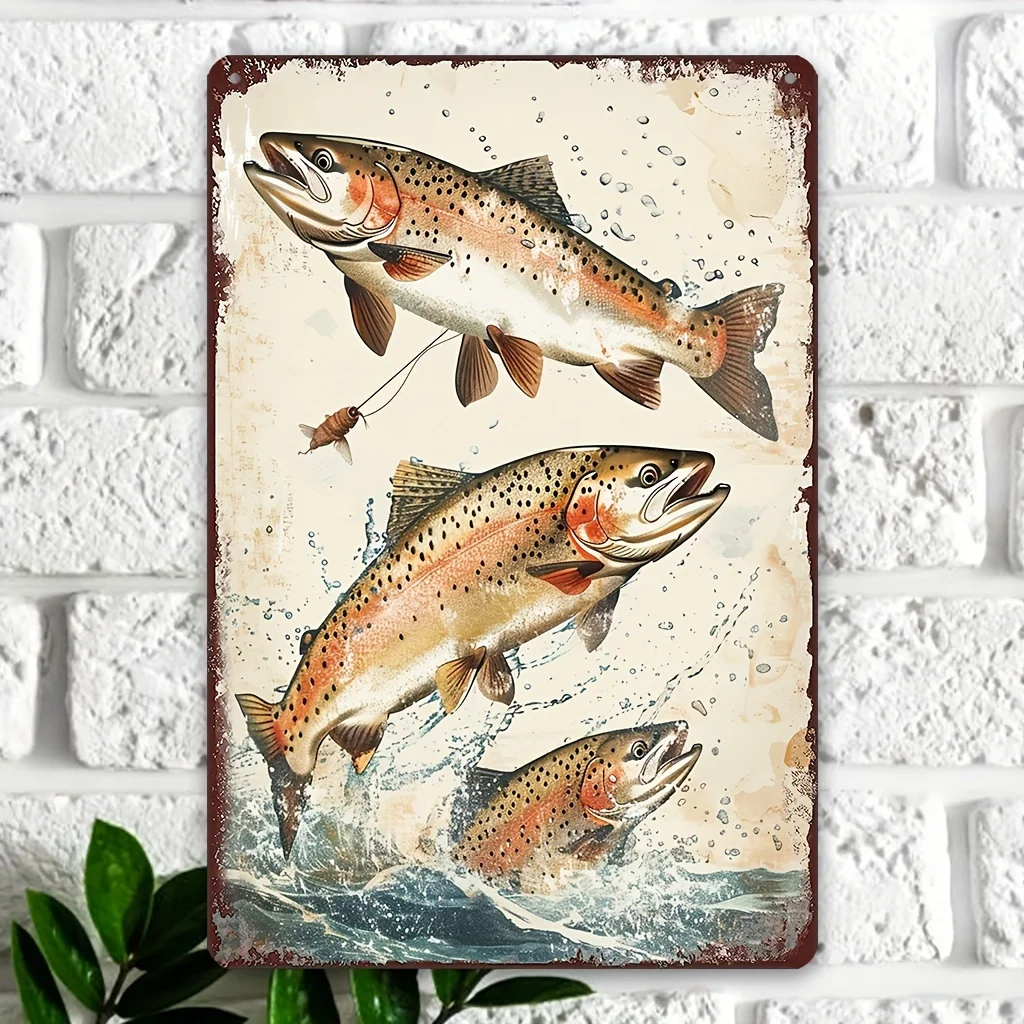 Vintage Aluminium Rainbow Trout Fishing Tin Sign, Retro Jumping Fish Water Print Wall Decor for Cabin & Fishing Lodge