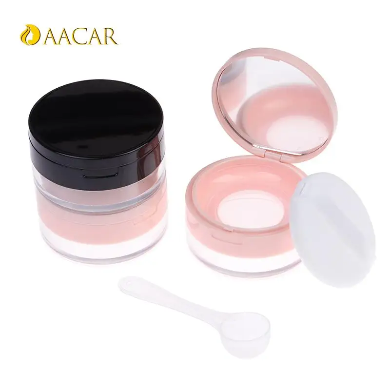 Portable Plastic Puff Box Empty Loose Powder Pot With Sieve Mirror Spoon Cosmetic Sifter Loose Jar Travel Makeup Container DIY