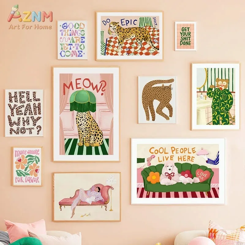 AZNM Playful Leopard Pet Typography Canvas Poster, Frameless Whimsical Colorful Cartoon Art Print Wall Decor For Bedroom Dorm Tr
