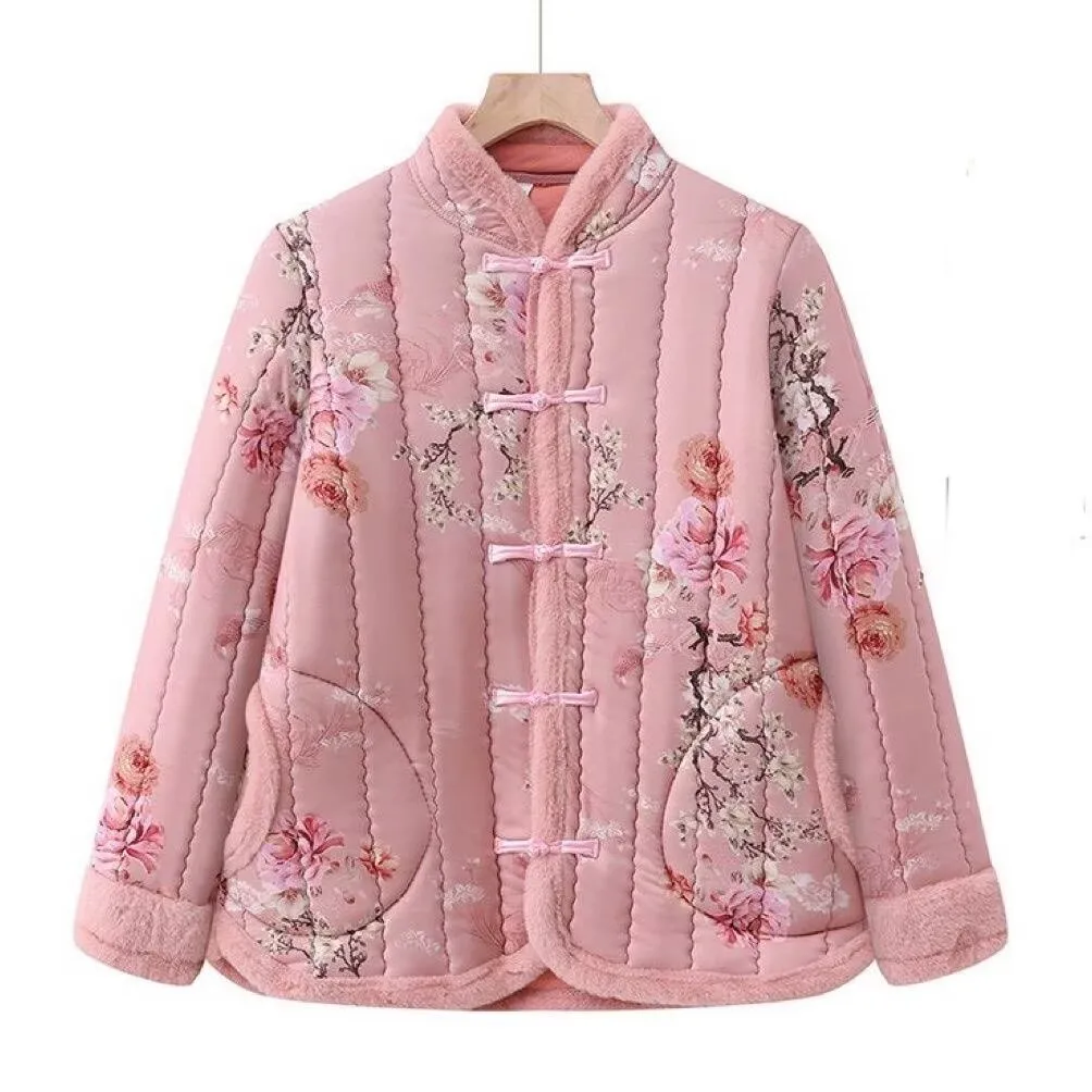 Women's Winter Thicken Fleece Lined Cotton Jacket Button up Long Sleeve Warm Loose Chinese Style Mid-Length Cotton Padded Coat