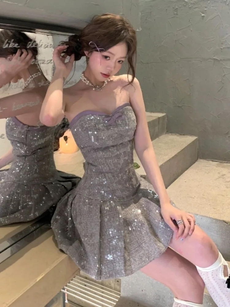 

Shiny Sequins Evening Dress Women Off Shoulder Slim Mini Dresses Lady Party Bow Bandage Sexy Backless Pleated Dress Woman