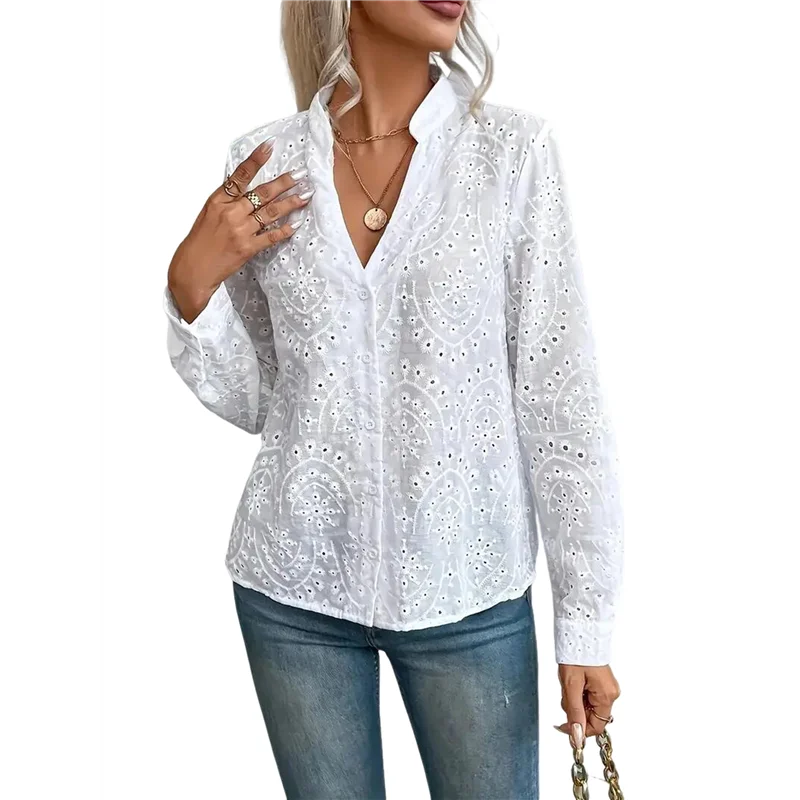 

CYL-Women's Crochet Embroidery Eyelet Tops Shirt Blouse Boho Long Sleeve Button Front Blouse