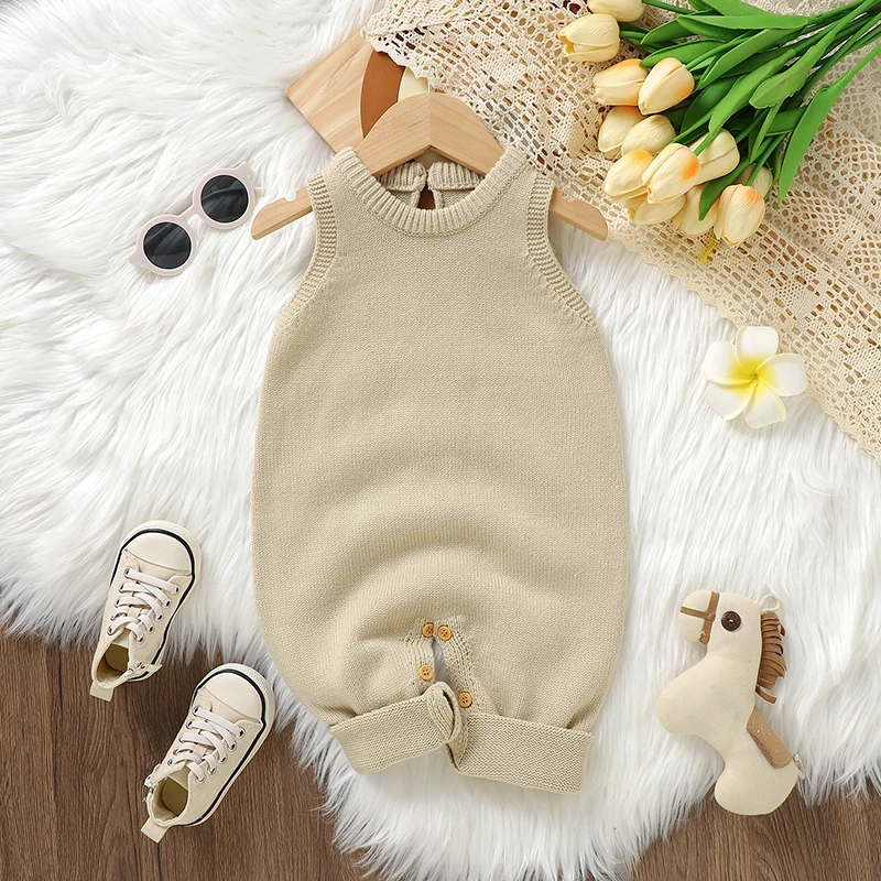 

Casual Solid Sleeveless Knitted Baby Rompers One Piece Newborn Boys Girls Sweaters Jumpsuits 0-18m Infant Toddler Playsuits Wear