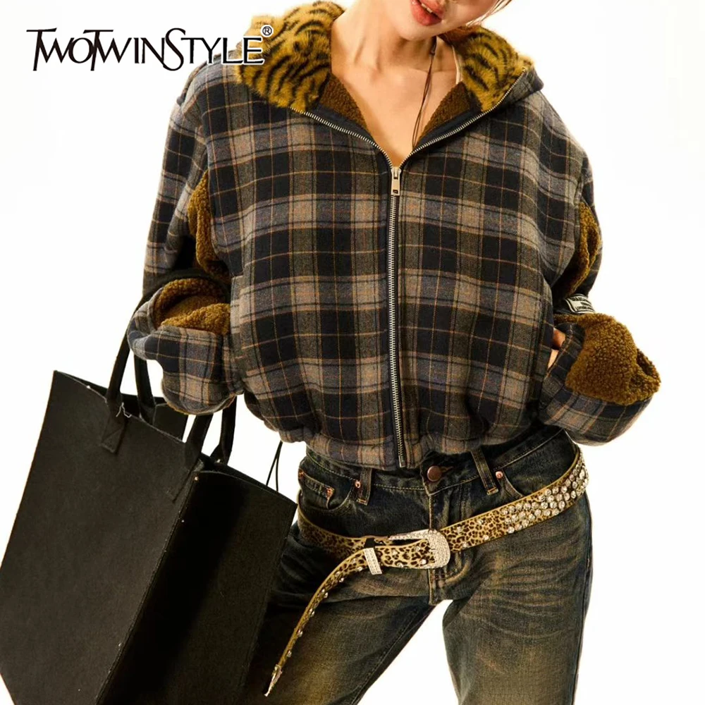 

TWOTWINSTYLE хитовый цвет сращенная клетчатая куртка женская с лацканами и длинными рукавами свободная базовая уличная одежда женские куртки осенняя мода новинка