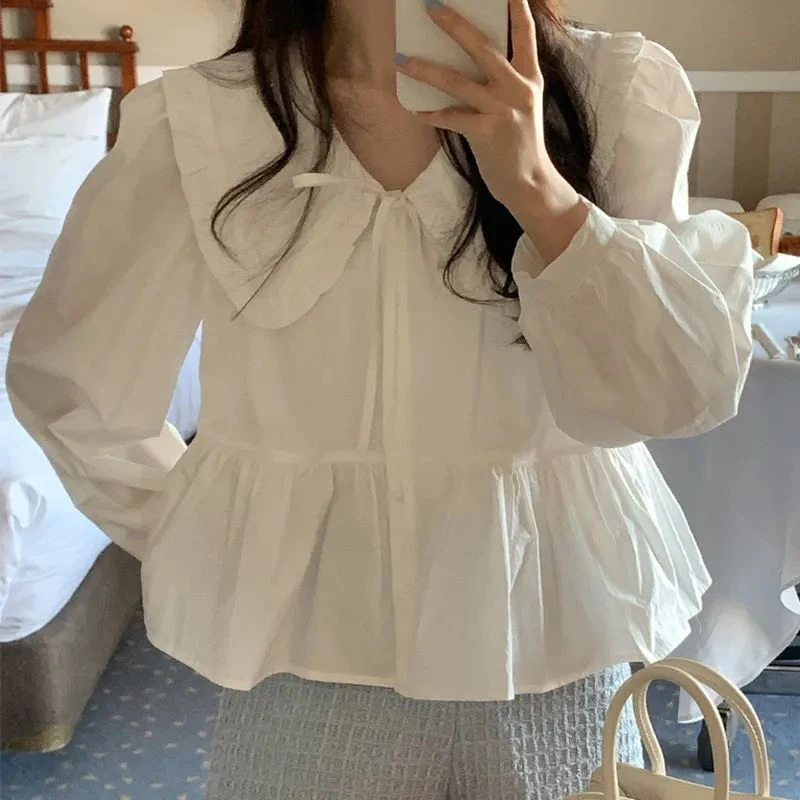 Doll Collar Long Sleeve Shirts For Women Ruffle Loose Lace Up Bow Tops Female Spring Summer Fashion White Shirts Blouses Lady