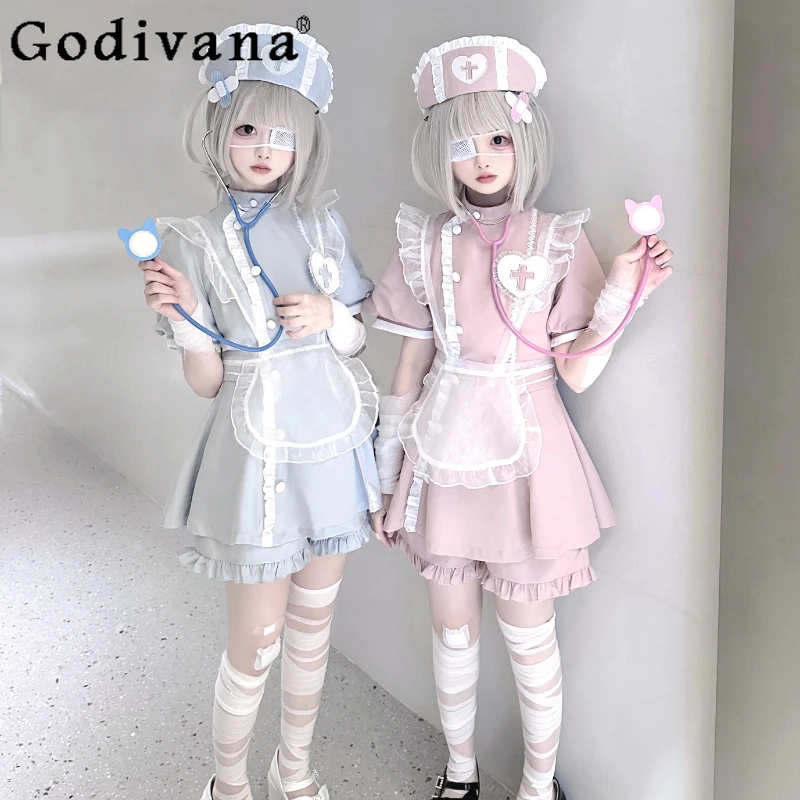 

Original Subculture Y2k Nurse Medical Water Color Dress Set Women's Cosplay Uniform Long-sleeved Dress and Shorts Two-piece Set