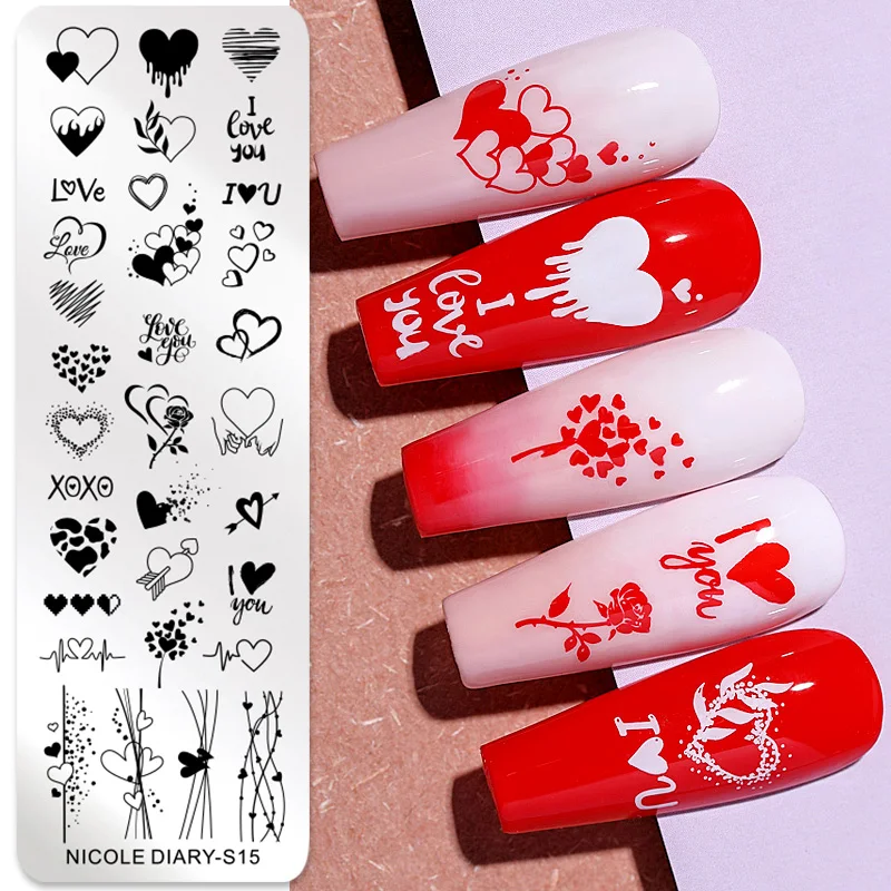 NICOLE DIARY Valentine\'s Day Nail Stamping Plates Heart Love Lines Nail Art Plate Stainless Steel Templates Printing Stencil