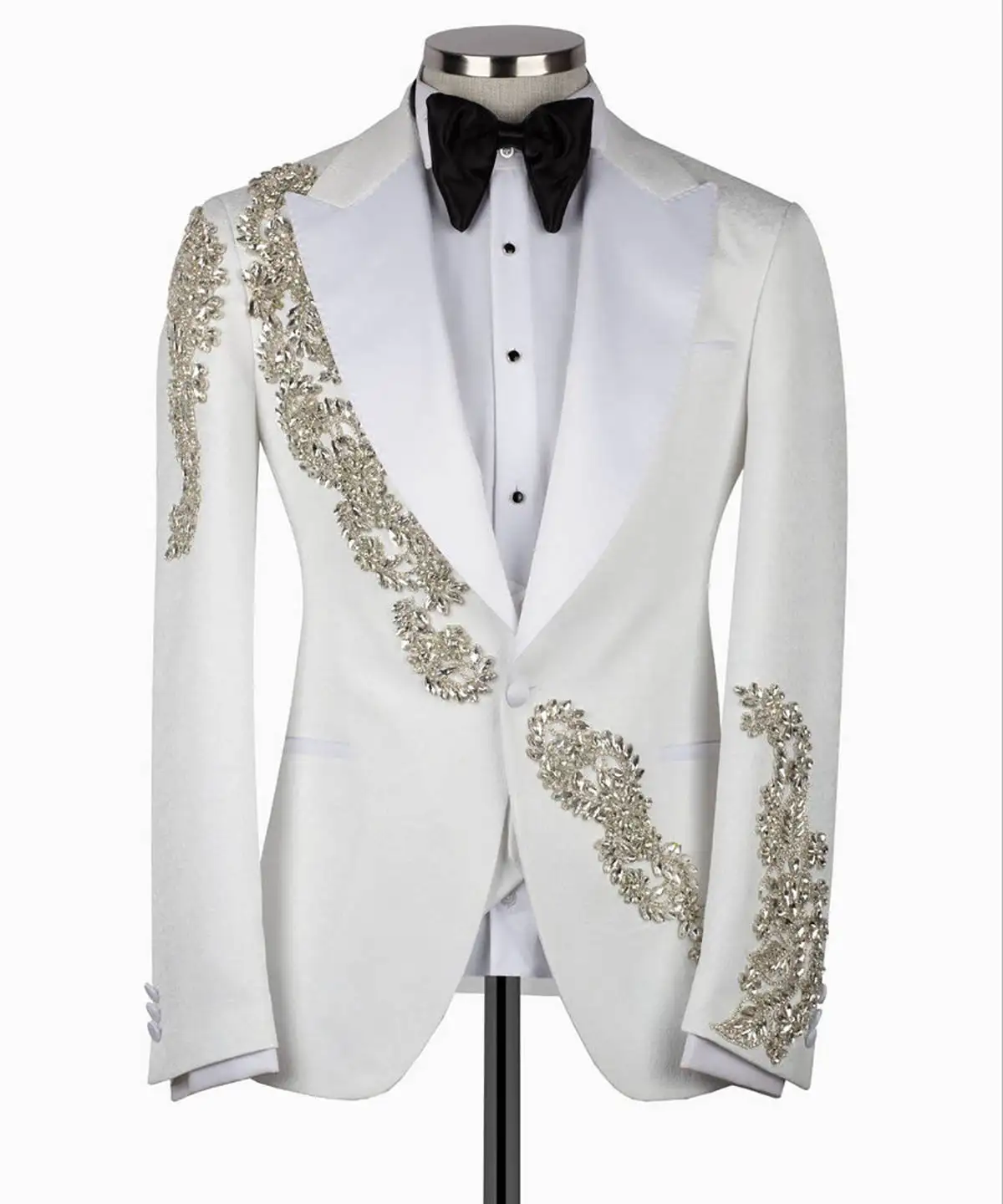 Luxury Crystal Men Tuxedos One Button Peaked Lapel Groom Man Wedding Suits Tailored Made Party Business Wear 2 Pieces