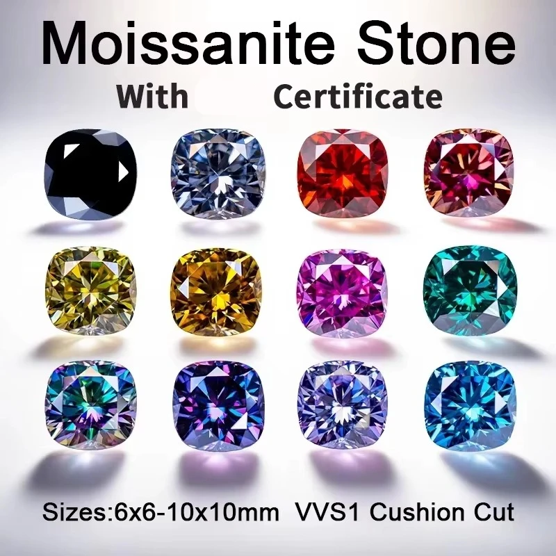 Moissanite Stone Square Cushion Shape Multiple Colors VVS1 Gemstone Beads for DIY Jewelry Rings Necklace Making Certificate