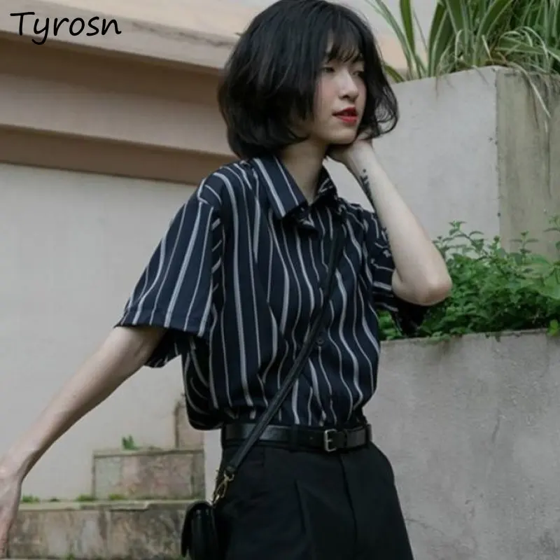 Shirts Women Striped Retro Simple All-match Summer Office Ladies Korean Style Stylish Tender Basic Short-sleeve Loose Leisure