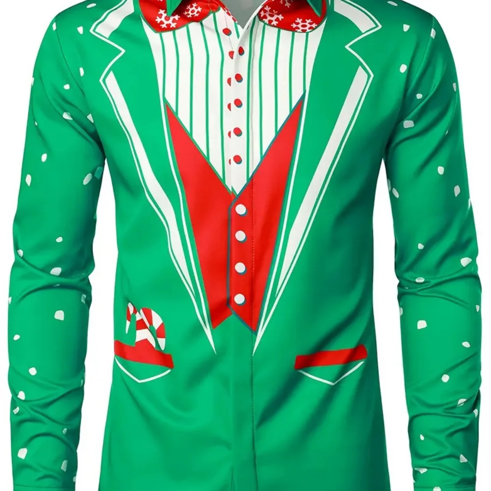 

Men's Christmas Fun Printed Long Sleeve Flip Collar Cardigan Shirt Comfortable Soft Fabric 2025 Christmas Party Clothing