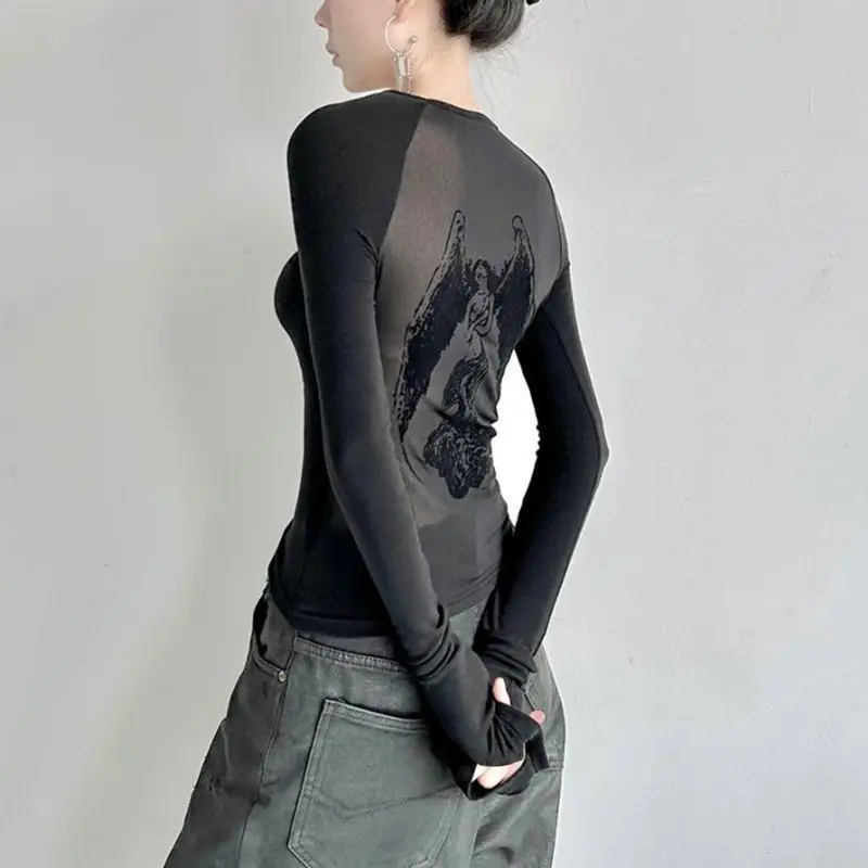 T-shirt à manches longues imprimé dos nu pour femmes, vêtements Y2K, mode coréenne, maille épissée, automne, streetwear, mince