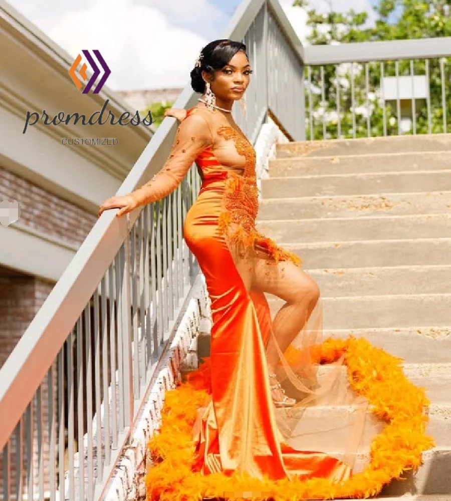 Vestido de noche de sirena naranja atrevido con plumas, lujoso vestido de fiesta negro de cristal para niñas, cumpleaños de manga larga personalizado 2025