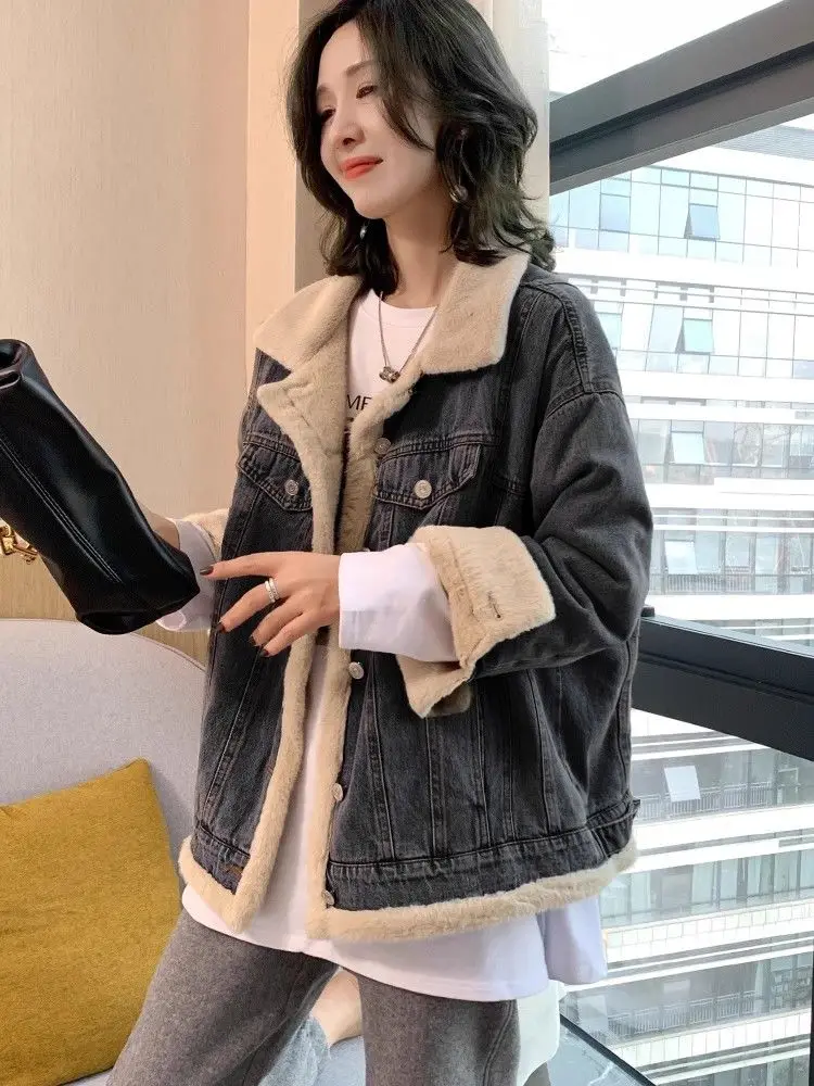

Denim Coat With Fur And Hood Plush Womens Autumn Slim-Fit Corduroy Chic Outdoor Activities Mountaineering Standneck Buttoned Y2K