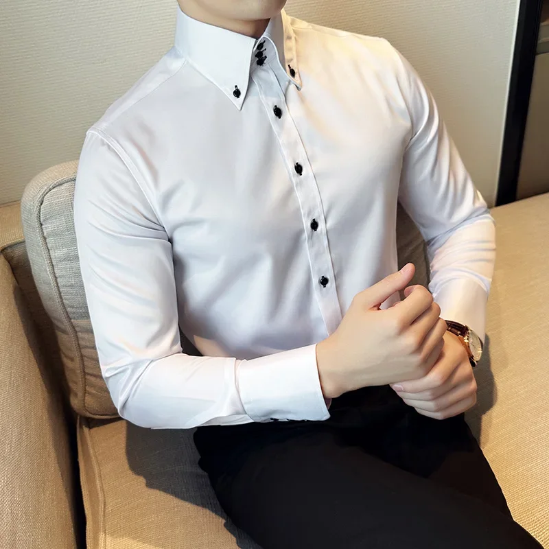 Korean Fashion Button Decorative Shirt Men Solid Color Long Sleeve Business Slim Casual Shirts Formal Office Social Party Top