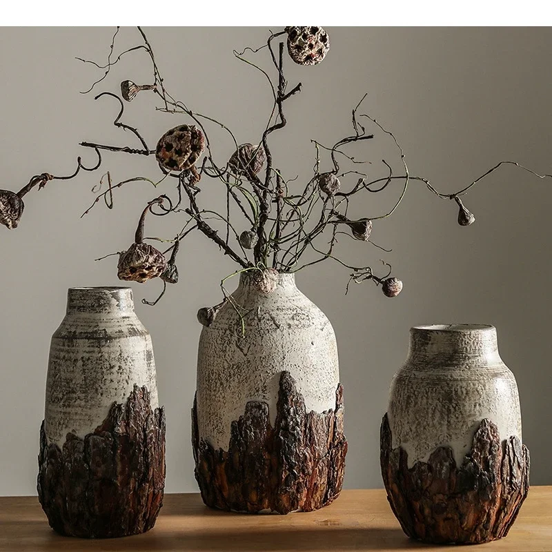 Retro Double-layer Coarse Ceramic Vase Table Decoration Artificial Flower Decorative Flowers Arrangement Room Aesthetic Decor