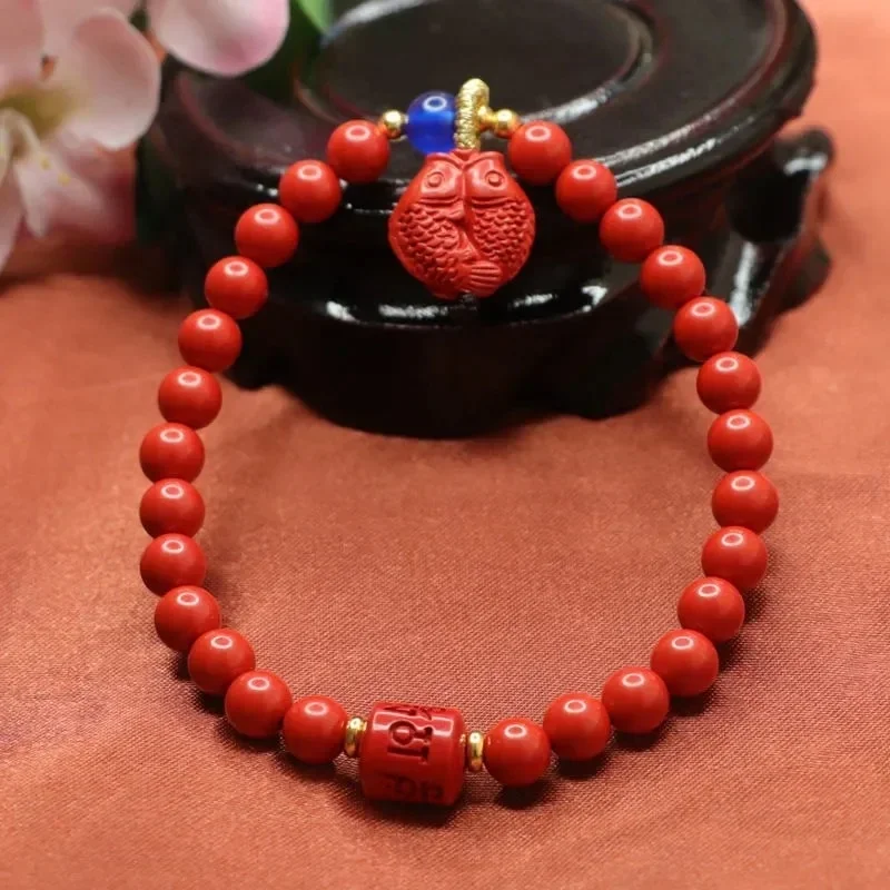 Natural Authentic Vermilion Double Fish Bracelet Six Words Proverbs Hand String Jewelry Men's And Women's Fine Jewelry