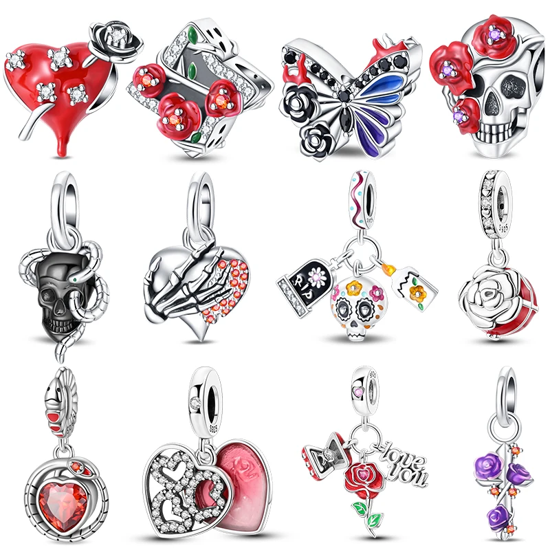 2025 New 925 Silver Rose Romantic Butterfly Skull Charms Beads Fit Pandora Original Bracelet DIY Jewelry Valentine's Day Gift