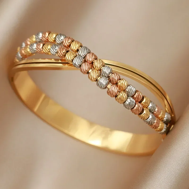 Stainless Steel 18K PVD Plated Beads Cross Golden Bracelets for Women Fashion Brand Jewelry Delicate Multicolor Bangles