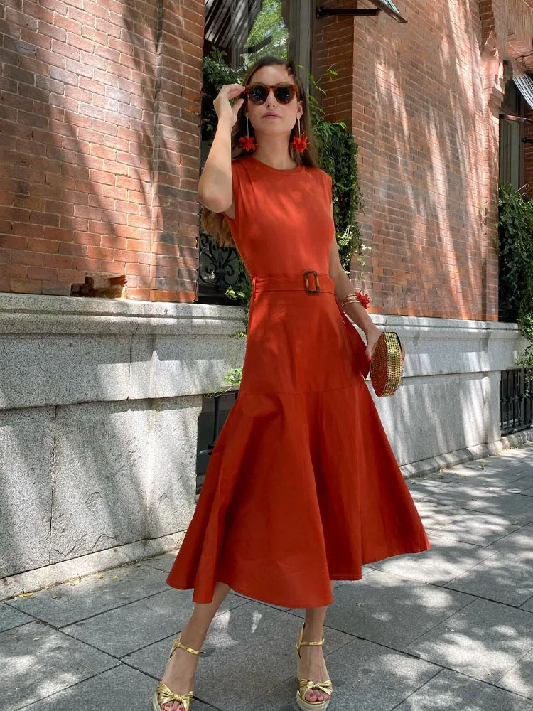 

HH Women's Fashion Crew Neck Poplin Knit Belted Patchwork Dress Women's Chic 3-Color Off-The-Shoulder Mid-Calf Long Dress