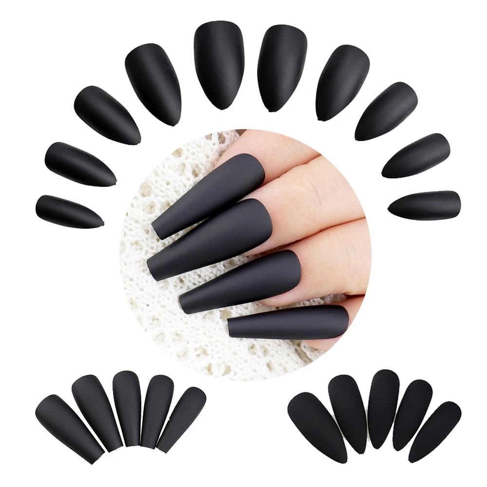 100pcs Matte Black Long Ballerina Coffin Fake Nails Stiletto Medium Almond Full Cover False Nail Tips Artificial Acrylic Nails