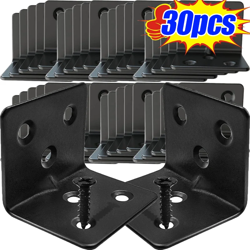 10/30pcs Black L-shaped Right Angle Corner Code Heavy Duty Connection Hardware Stainless Steel Home Furniture Stable Connector