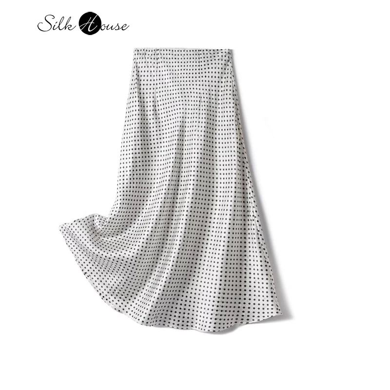 

Women's Fashionable High Waisted Slim Fit 100%Natural Mulberry Silk Satin White Polka Dot Commuting Bag Buttocks Fish Tail Skirt