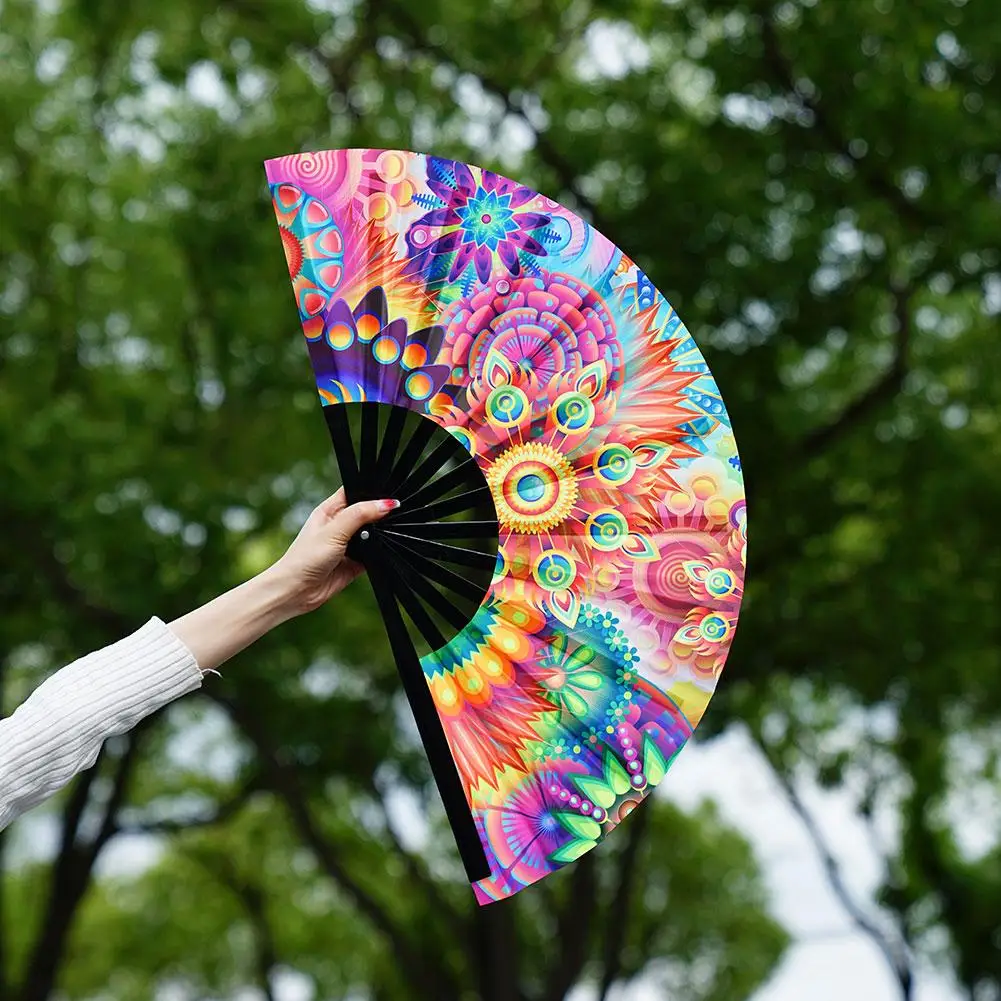 Portable Gradient Colorful UV Fluorescent Folding Fan Handmade Carnival Dance Party Handheld Large Bamboo Fan Wall Decoration