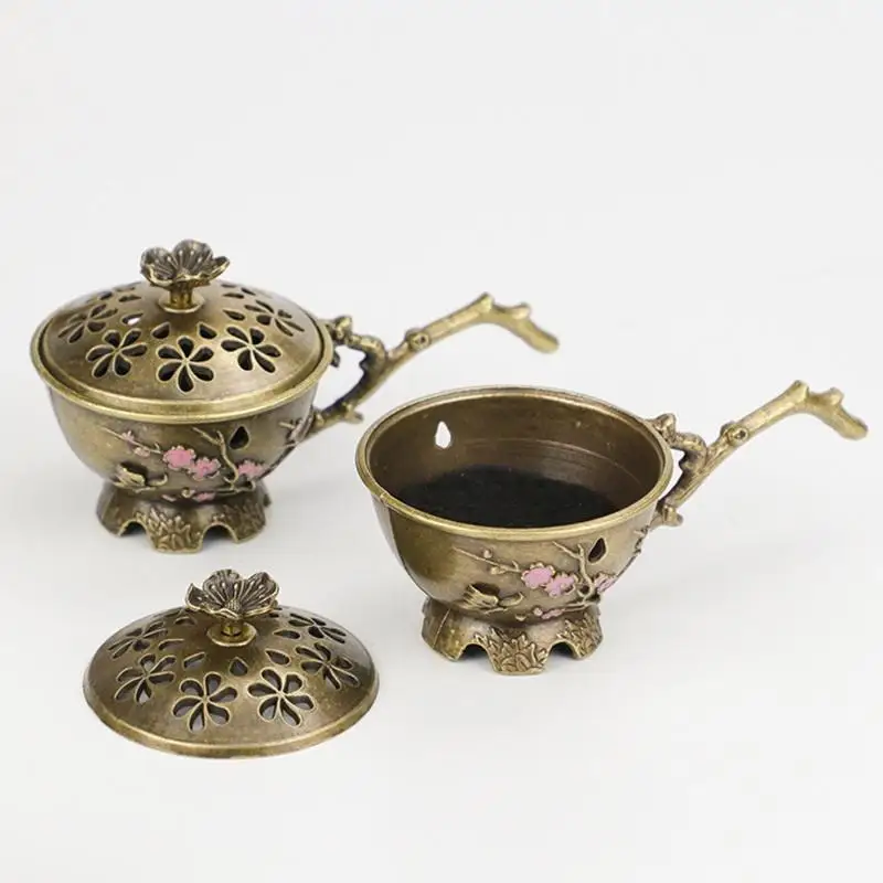 Zinc Alloy Small Craft Plum Blossom Incense Burner With Handle Retro Plum Blossom Hollow Out Incense Stick Burner Home Decor