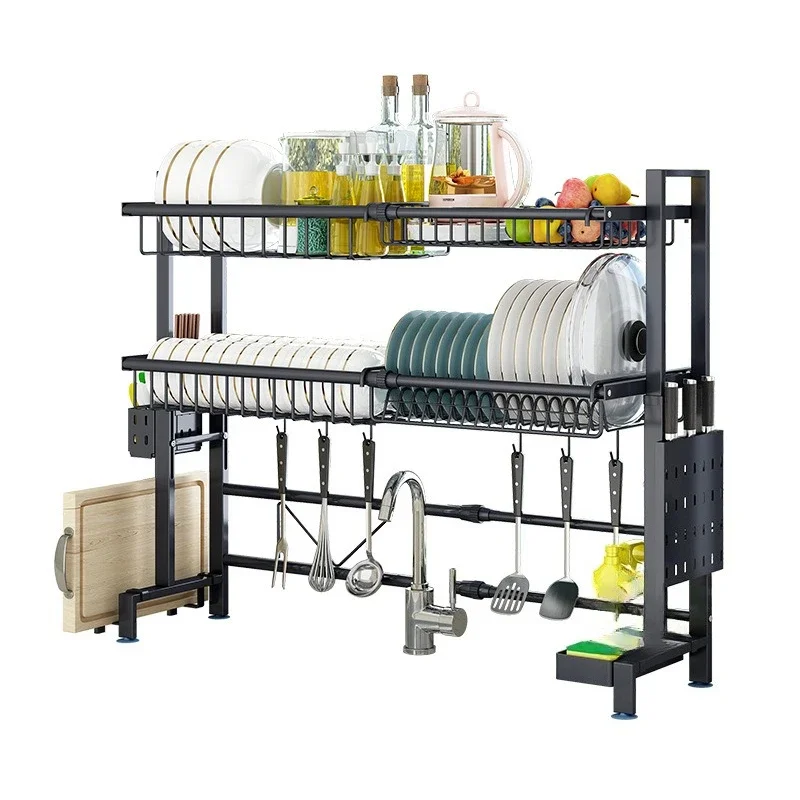 

Telescopic stainless steel kitchen sink rack Dish rack Vegetable basin Drain Drying filter Dish storage Double layer