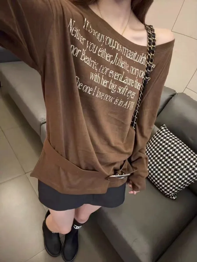 

Женская футболка свободного кроя с длинным рукавом и буквенным принтом, осенняя коллекция, модный уличный стиль, топ для похудения