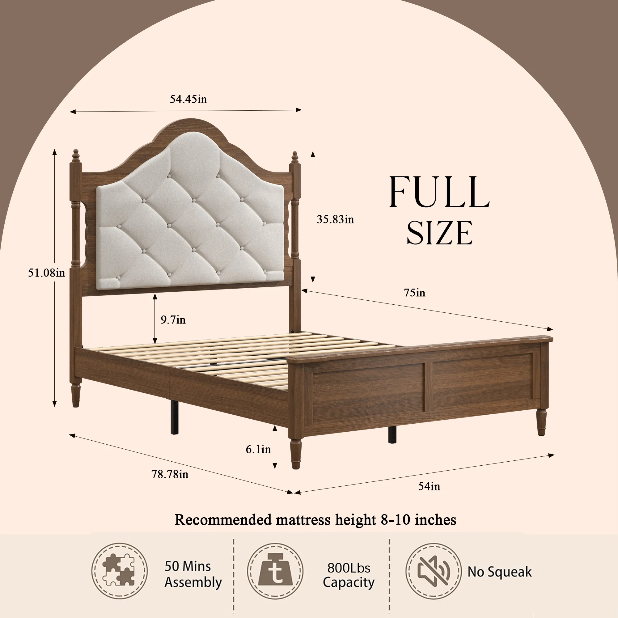 Full Size Bed Frame with Upholstered Headboard, Panel Foot Board, Vintage Mid Century Bed Frame,Full Size Wood Bed Frames,Brown