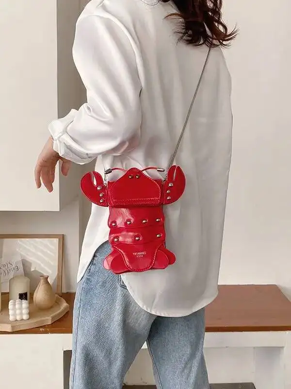 Funny Crayfish Shape Pu Shoulder Bag For Women Summer Red Phone Bag Girls\' Chain Small Crossbody Bag