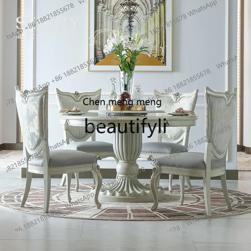 French light luxury solid wood turntable round dining table European court luxury villa large flat dining table and chairs2936