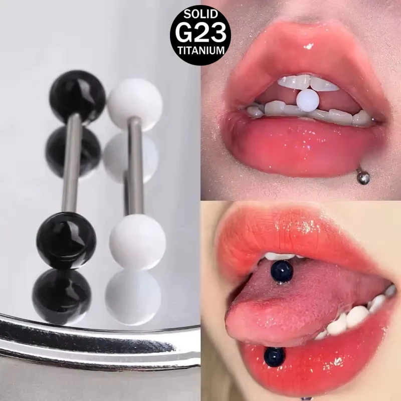 2pcs/4pcs Set Punk Style Black & White Acrylic Ball Titanium Barbell Tongue Ring Trendy Tongue Studs Body Piercing Jewelry