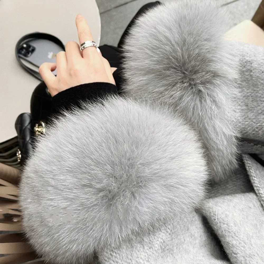 2024 High End Double-sided Wool Strapping Real Wool Fur Coat Women\'s Removable Cuffs Fox Fur Temperament Cashmere Short Jacket