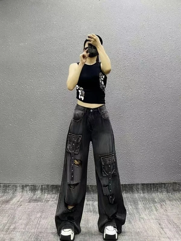 Schwarze Damen jeans hohe Taille Vintage Jeans hose zerrissen Mode lose weites Bein gerade Hose y2k gewaschene Streetwear weiblich