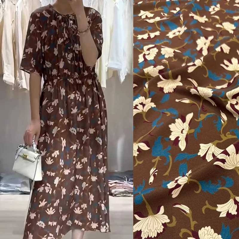 Thin Brown Silk Crepe de Chine Fabric with White Blue Floral for DIY Sewing Summer Dress Pants Skirt Pajamas Silk Fabric R2525 view 2