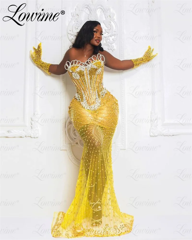 Robe de soirée sirène en cristal Aso Ebi, jaune, grande taille, longue, fête formelle, deuxième réception, quel que soit personnalisé, 123