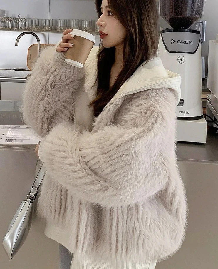 

Women's Loose Faux Fur Coat, Autumn Winter Hooded Long Sleeve Jacket, Korean Fashion Casual Warm Outerwear