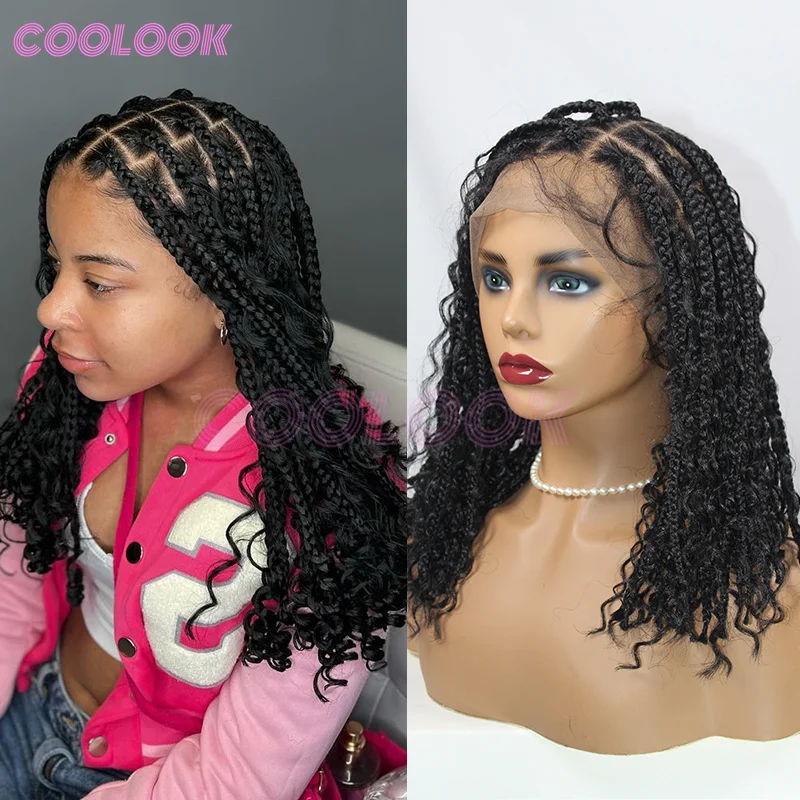 

Synthetic Lace Front Wig Short Bob Boho Curly Wigs 12" Full Lace Box Braided Wigs Goddess Bohemian Braids Wig on Sale Clearance