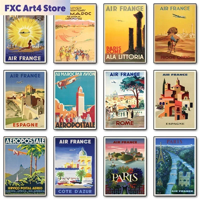 Rahmenlose Vintage-Reiseplakate von Air France, Indien, Marokko, Riviera, Paris, Leinwanddruck, Wandkunst, Heimdekoration, Geschenke