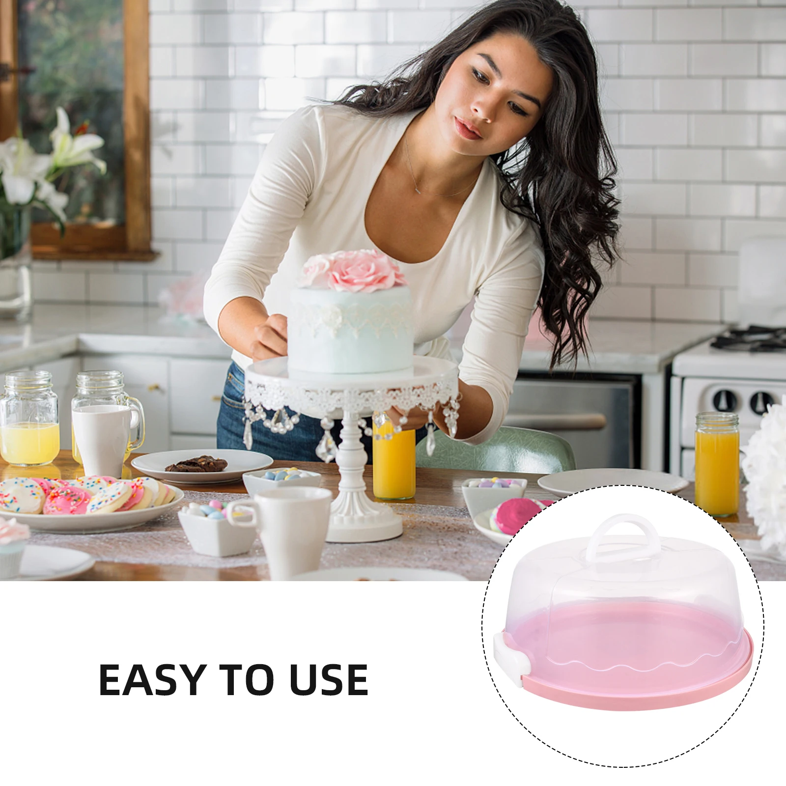

Handheld Plastic Cake Box 10 Inch Reusable Clear Container Pink Lid Leakproof Birthday Travel Storage Sealing Design Portable