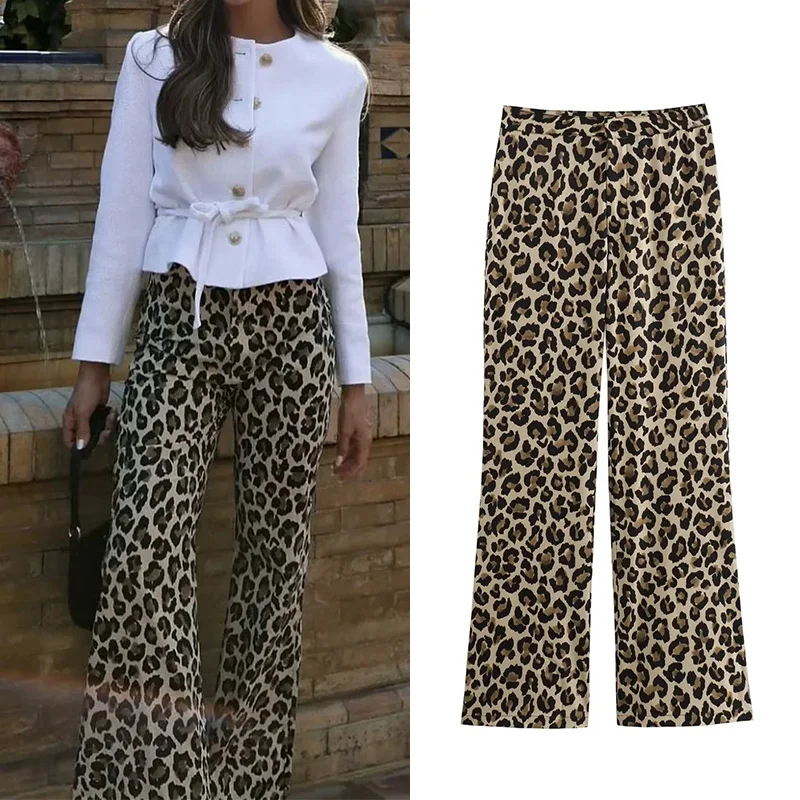 TRAF 2024 Woman Leopard Pants Y2k Animal Print High Waist Pants Women Vintage Casual Baggy Pants Summer Women\'s Trousers