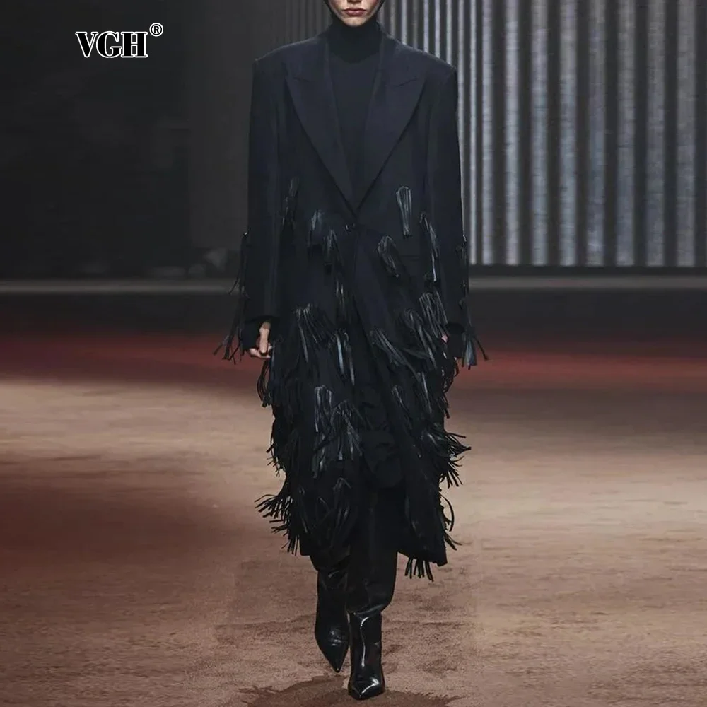

VGH Spliced Tassels Fashion Runway Style Coat for Women Notched Collar Long Sleeve High Waist Temperament Solid Trench Female